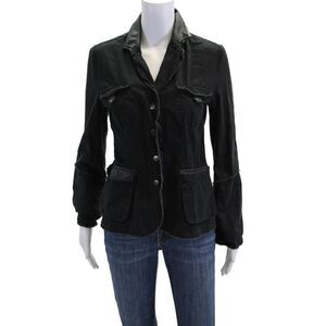 Jackett Womens Cotton Faux Leather Trim Raw Hem Zip Up Jacket Black Size XS